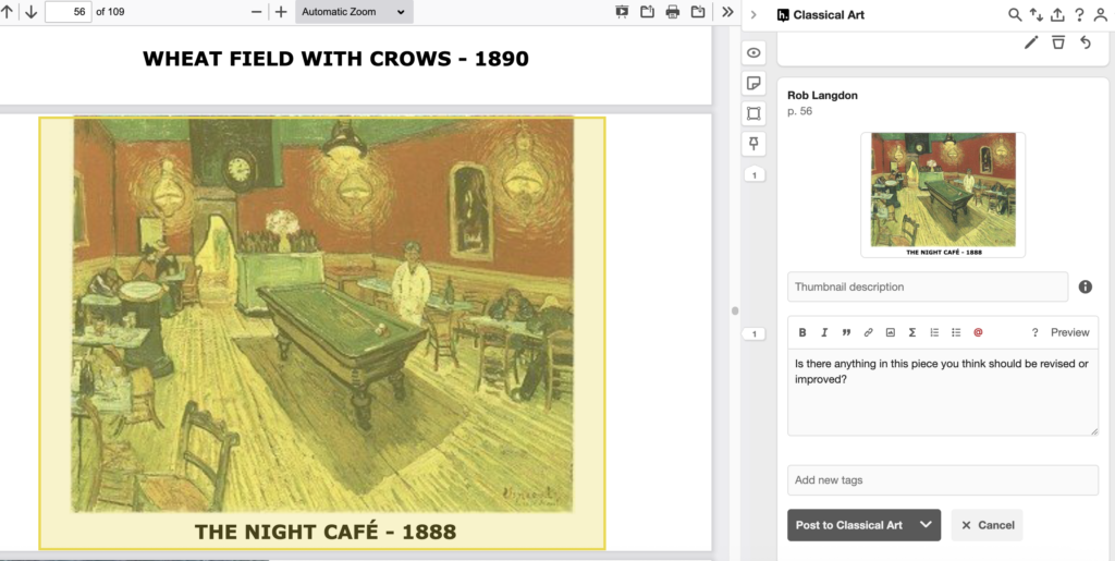 It shows the annotation card in the Hypothesis sidebar displaying a preview of the selected area using the rectangle selection tool along with the field to enter an annotation.